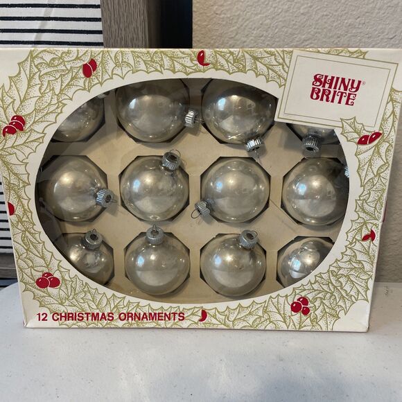 Vintage Shiny Brite 12 Silver Ball Christmas Ornaments Glass w/ Box 2-3/8" Round - Picture 1 of 12